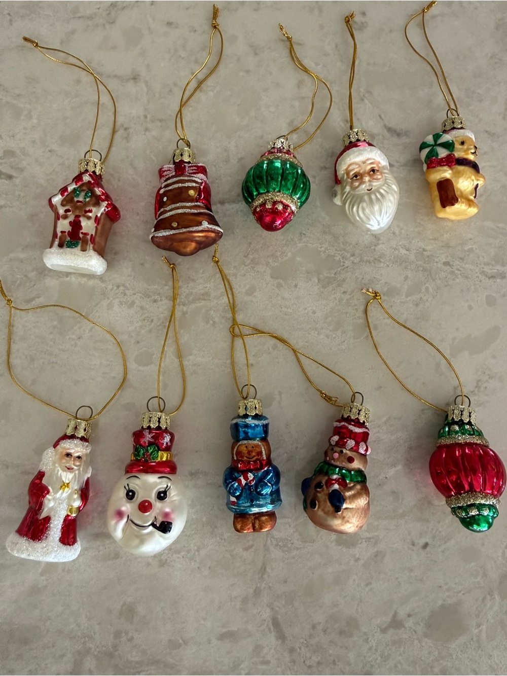 10pc Miniature Blown Glass Christmas Ornaments Lot Santa Snowman Vintage Style
